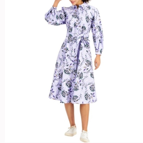 CHARTER CLUB Lavender Fields Floral Long Sleeve Belted Button Down Shirt Dress - Picture 1 of 8